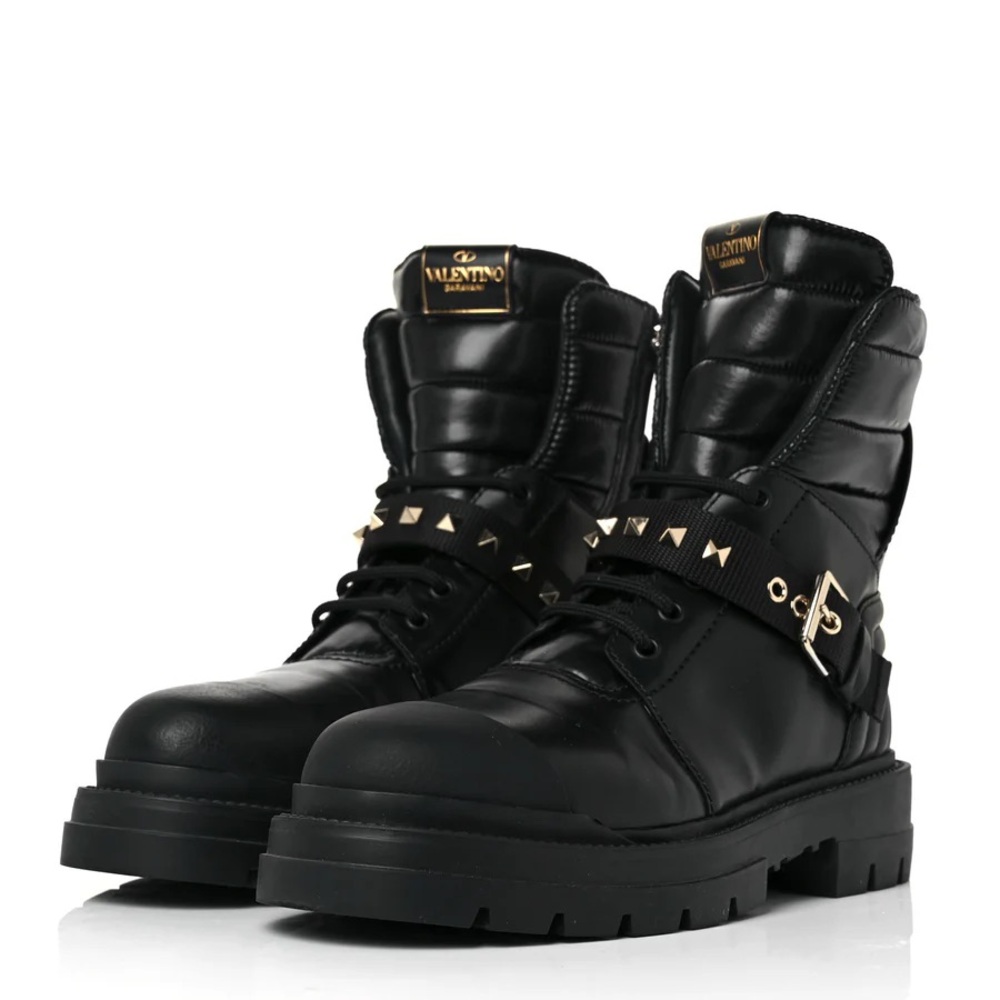 💯 AUTHENTIC VALENTINO GARAVANI CALFSKIN NYLON ROCKSTUD QUILTED WATERPROOF BOOTS